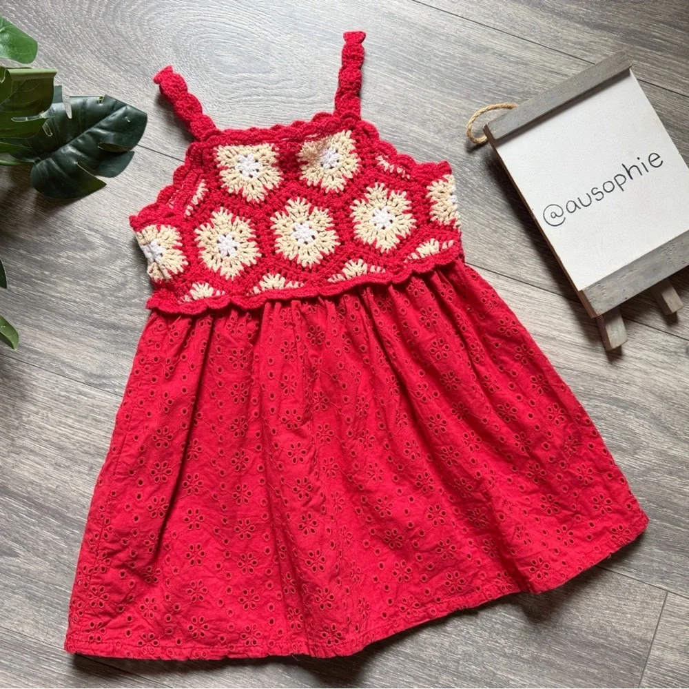 Zara Red Yellow and White Crochet and Eyelet Kids Dress. Size 1.5 Years